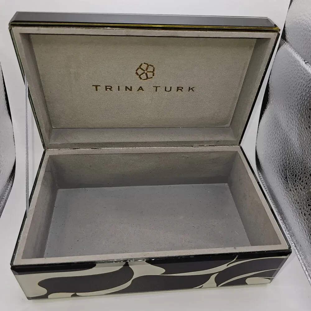 Trina Turk Mirror Print Jewelry Trinket Box Black White Wave Design Gold Trim